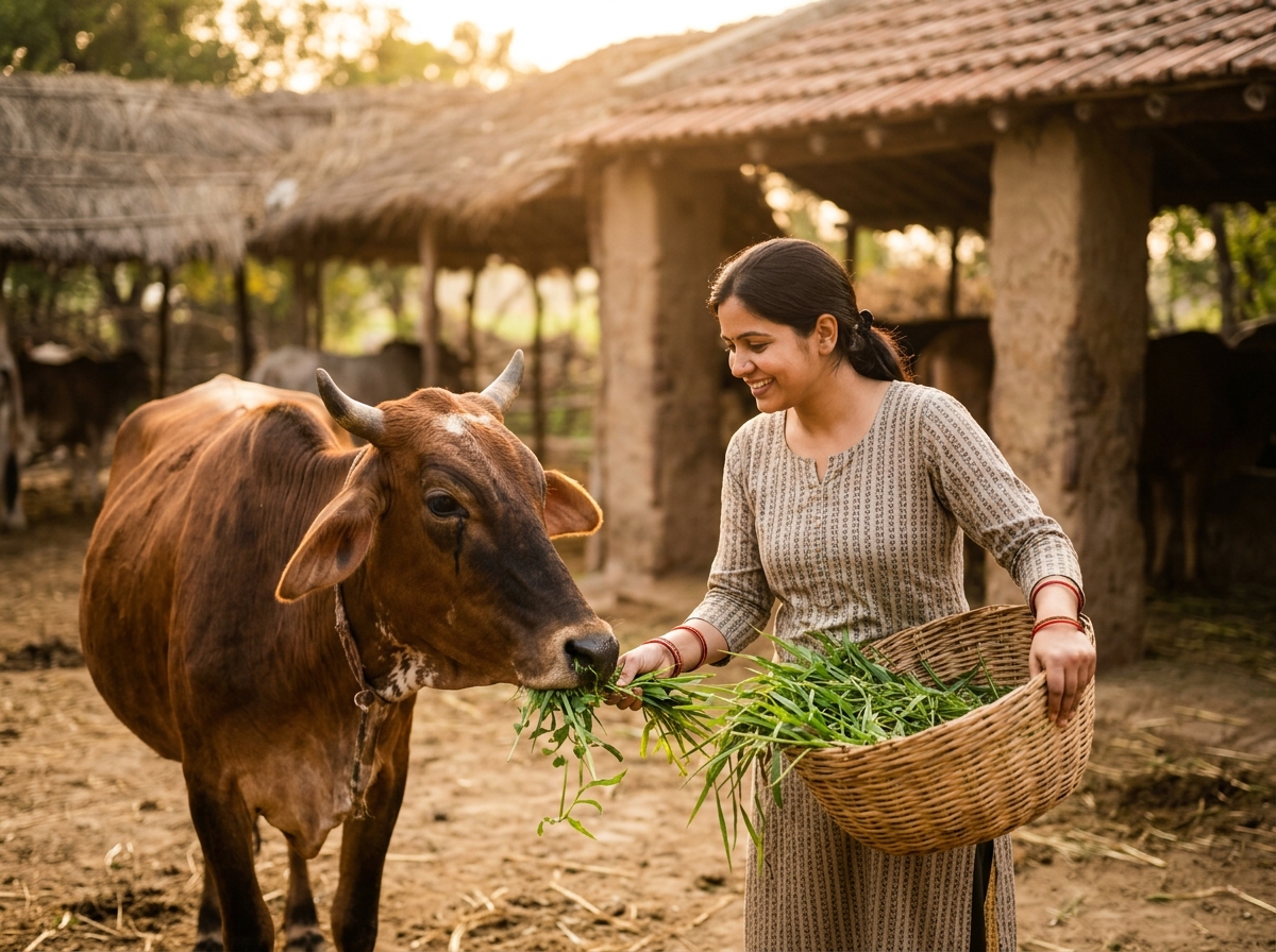 Volunteer feeding fresh green fodder to a cow in Gaushala